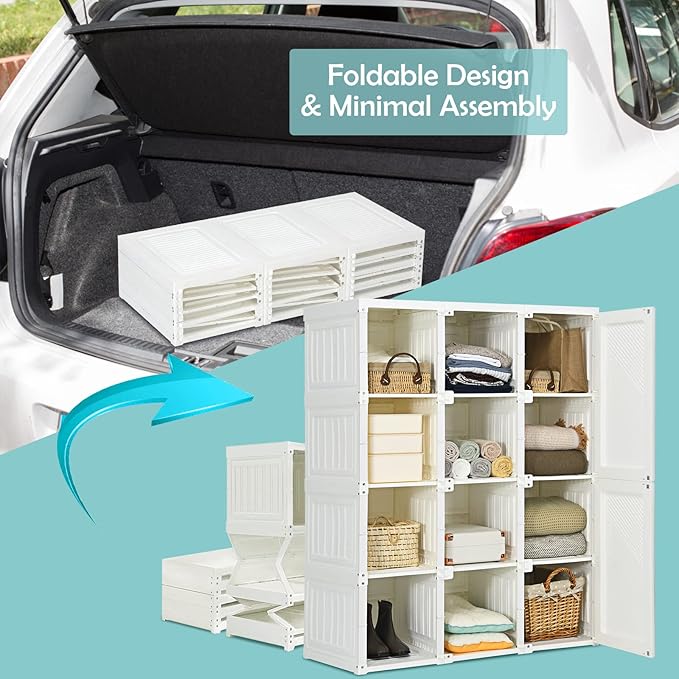 Tangkula Portable Closet Wardrobe, Foldable Clothes Organizer with Cubby Storage, Hanging Rods, Easy Assemble Clothing Storag