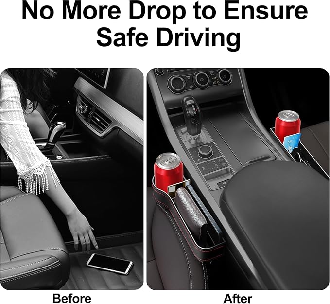 Car Seat Gap Filler, Car Seat Organizer with Cup Holder, Car Seat Gap Filler Organizer with 2 Seat Back Hooks for Phones, Keys, Cards, Canned Drinks, Ideal for Car storage Box - 2 Pack