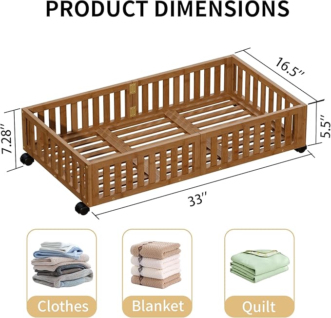 Bamboo Under Bed Storage with Wheels,Rolling Underbed Shoe Organizer Box for Shoes,Blankets,Toys,Clothes Container Space-Savi