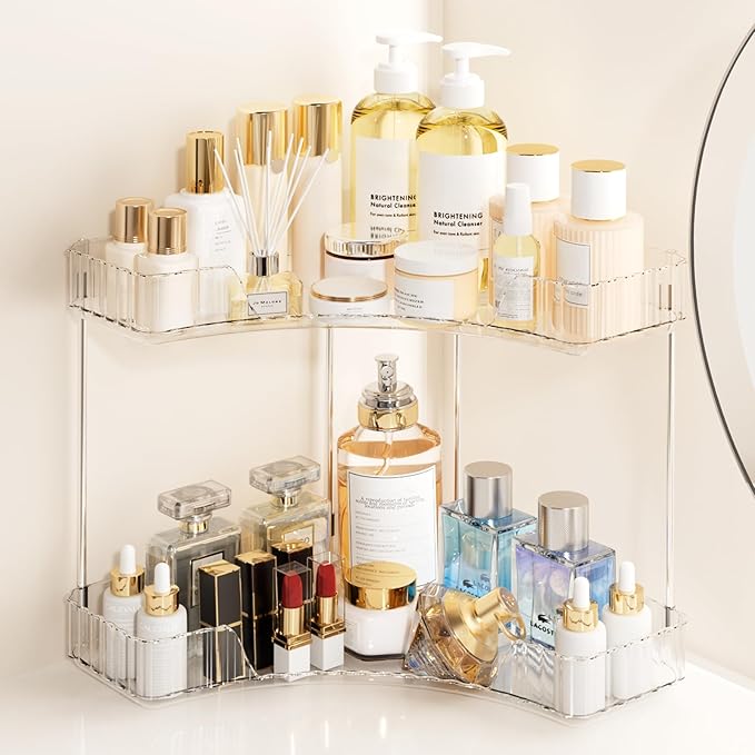 2-Tier Corner Bathroom Counter Organizer, Large Makeup Organizer For Vanity, Skincare Perfume Organizers For Women Or Men, Ex