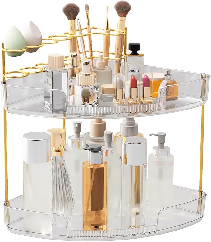 FELIZHOUSE 2-Tier Makeup Organizer for Vanity & Bathroom Countertop – Acrylic Storage Shelf with Perfume Tray & Makeup Brush 