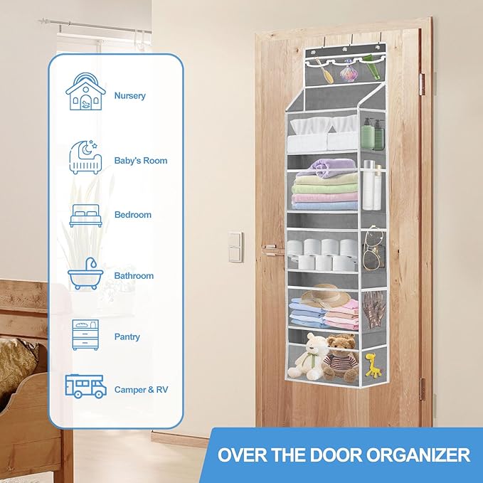 Over the Door Organizer with 5 Large Pockets, 5+3 Tiers Shelf Hanging Door Organizer, Adjustable Hanging Closet Organizer wit
