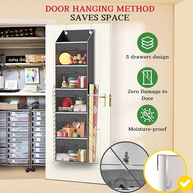 Ofiray-home Over Door Wrapping Paper Organizer Storage with 5 Removable Drawers & 2 Large Side Pockets for Gift Wrap Rolls Wr
