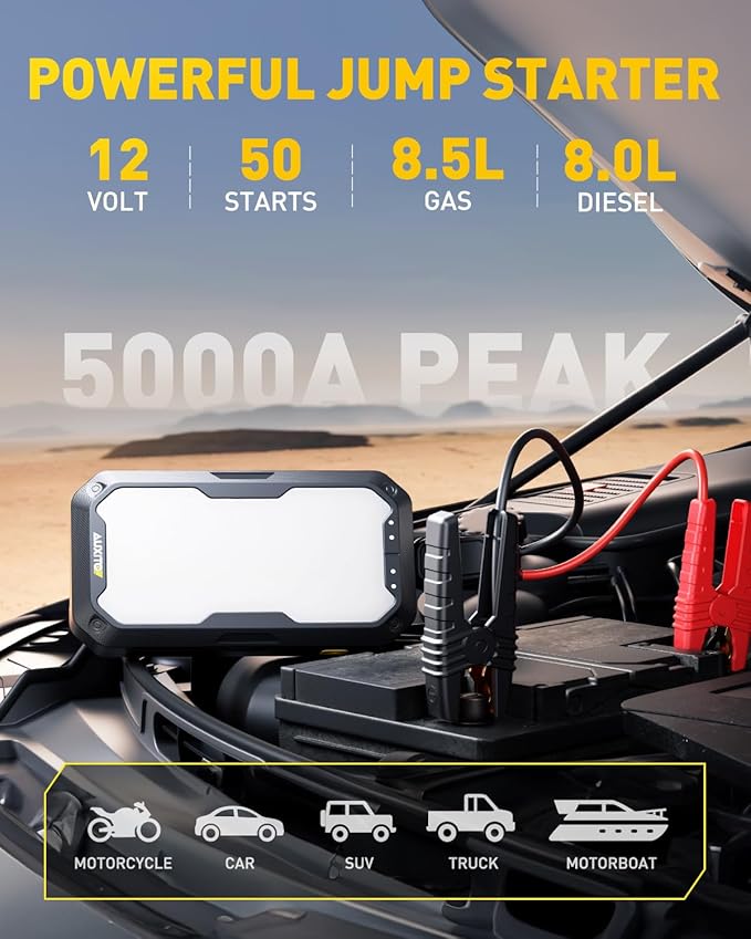 AUXITO Jump Starter 5000A Car Battery Jump Starter Up to 8.5L Gas and 8.0L Diesel Engines with 2000LM LED Work Panel Light