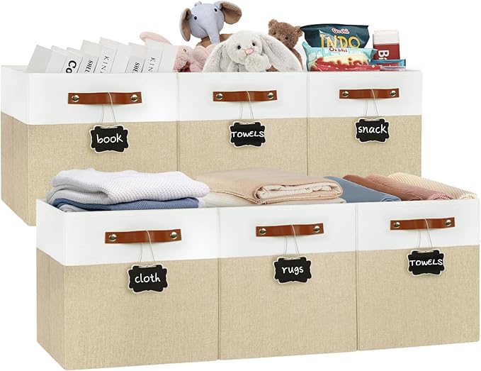 13x13 Storage Cubes 6-Pack, Large Foldable Fabric Cube Storage Bin with Reinforced Bottom and Labels, Organizer Baskets for S