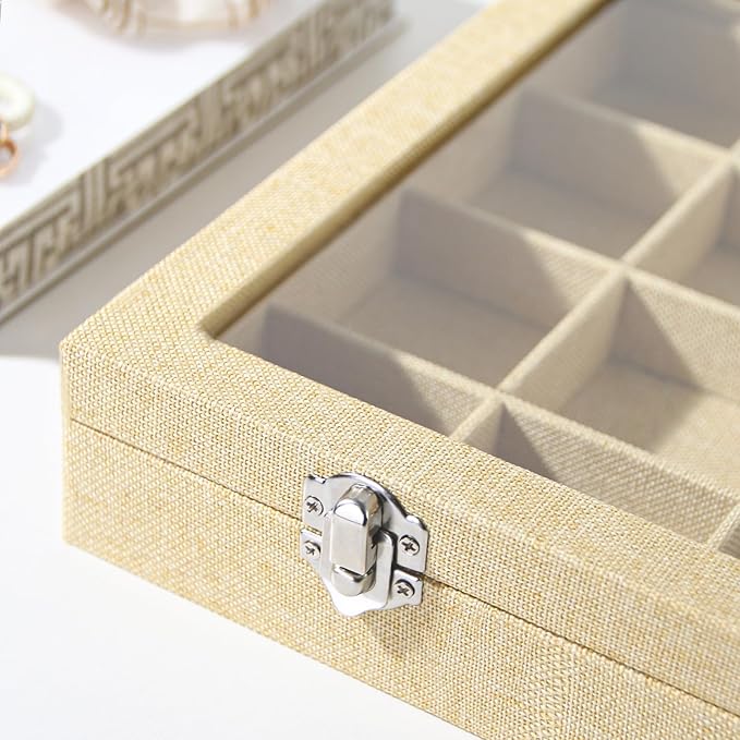 Coward Jewelry Organizer Box, Yellow Linen 24 Grids Ring Earring Jewelry Display Tray Case with Transparent Glass Lid for Hom