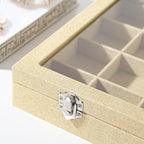 Coward Jewelry Organizer Box, Yellow Linen 24 Grids Ring Earring Jewelry Display Tray Case with Transparent Glass Lid for Hom