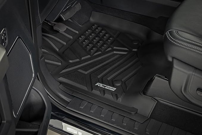Rough Country Flex-Fit Floor Mats for Ford F-250/350 Super Duty (2017-2025) Crew Cab - Front & Rear Set, Custom All-Weather Non-Slip TPE Liners w/Spill Saver Lip