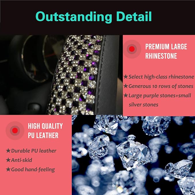 PINCTROT D Shaped Bling Comfy Steering Wheel Cover with Jumbo Crystal Rhinestones, Anti-Slip Diamond Leather, Flat Bottom 14.5-15 Inch (Purple)