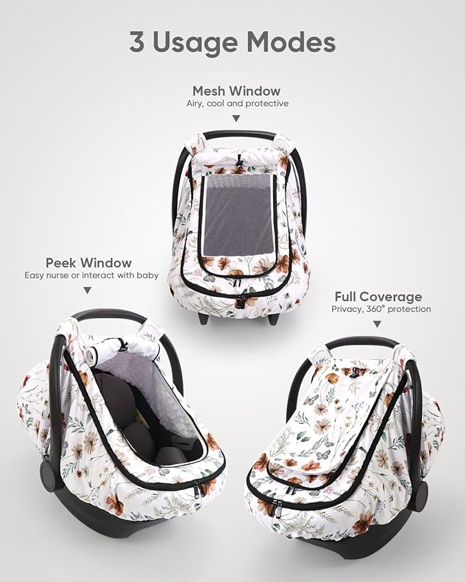 Car Seat Cover Baby Girls, Infant Car Seat Canopy Outdoor, 2 Layers with Mesh and Sun Shade Window for Summer Winter, Easy Ac