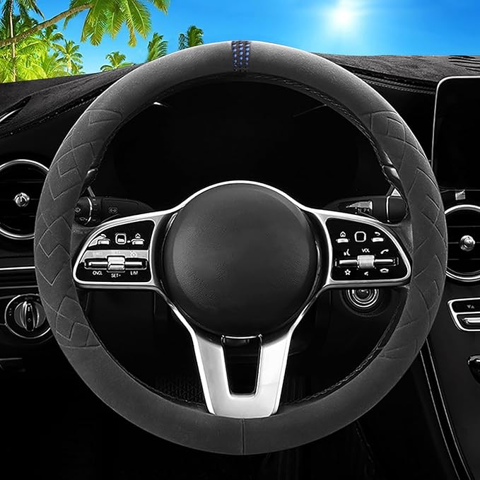 Car Leather Steering Wheel Cover - Panapi Material, Universal 14.5-15 Inch Leather Anti-Slip Breathable Auto Steering Wheel C