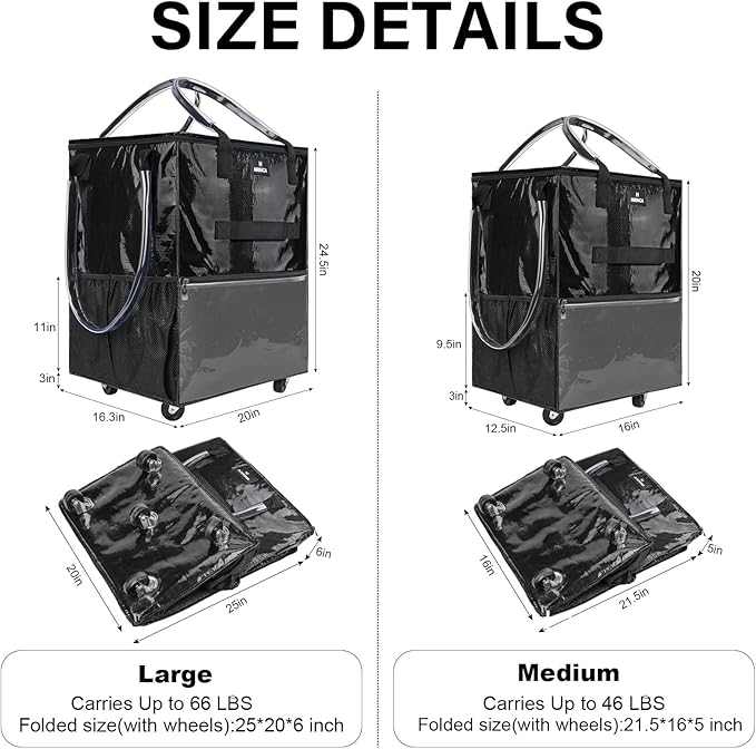 Large Rolling Tote Bag with Wheels, 130L Foldable Shopping Cart & Grocery Bag, 5 Swivel Wheels & 3 Handles, Multiple Pockets & Zippered Closure, Heavy Duty for Laundry, Moving, Travel, Camping, Black