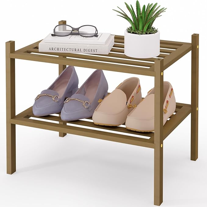 Smiry Small Bamboo Shoe Rack 2-Tier, Stackable Wooden Shoe Organizer for Entryway & Closet, Free Standing Wood Shoe Storage S