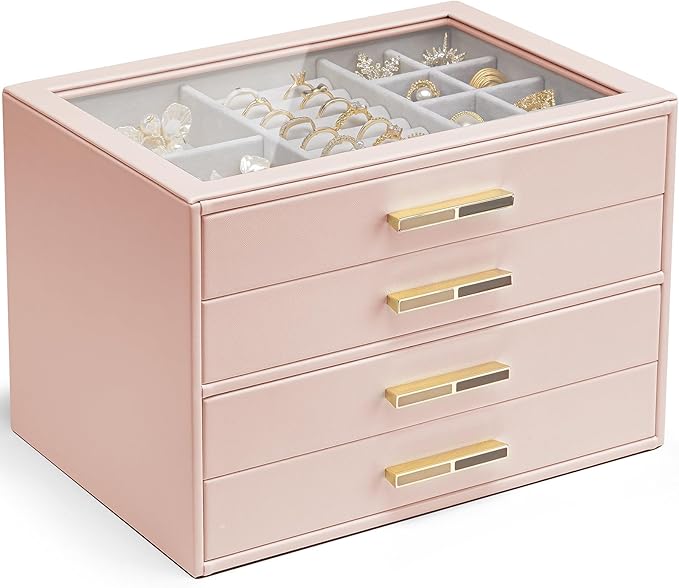 Vlando 4 Layer Jewelry Box for Women, Glass Lid Jewelry Organizer with 4 Drawers for Necklaces Rings Earrings Bracelets - Dar