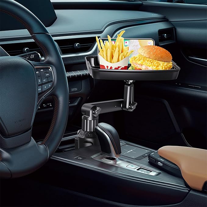 DOUBFIVSY Larger Cup Holder Tray for Car, 10 inch Car Food Tray with Phone Holder Detachable 3 in 1 Car Cup Holder 360° Rotat