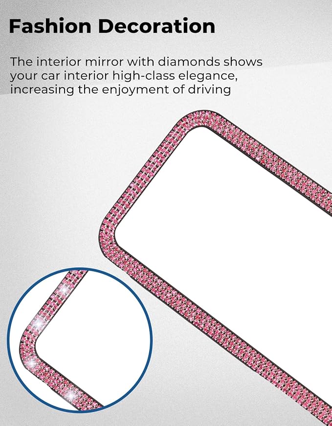 JOYTUTUS Rear View Mirror, Universal 11.81 Inch Panoramic Rearview Accessories with Bling Rhinestones Crystal Diamonds Edge, Interior Clip-on Wide Angle Rear View Mirror -Pink