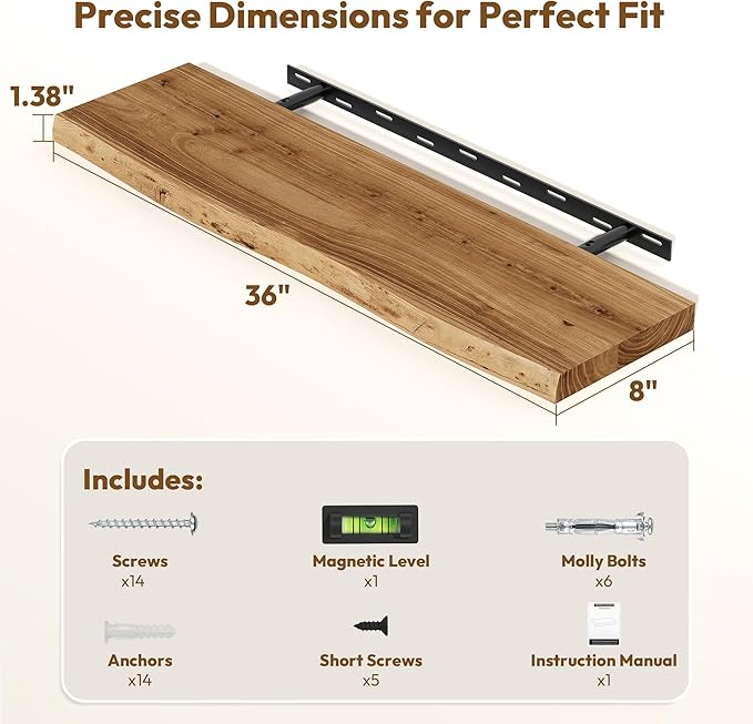 Vivelove Live Edge Floating Shelves 36 inch, Elm Wood Shelf with Invisible Bracket, Rustic Farmhouse Wall Shelf for Living Ro
