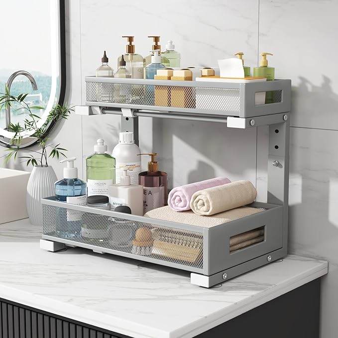 1 Pack-11.4"-16.14" H Under Sink Storage Organizer, Large 2-Tier Elegant Mesh Pull Out Shelf for Kitchen & Bathroom Cabinet O