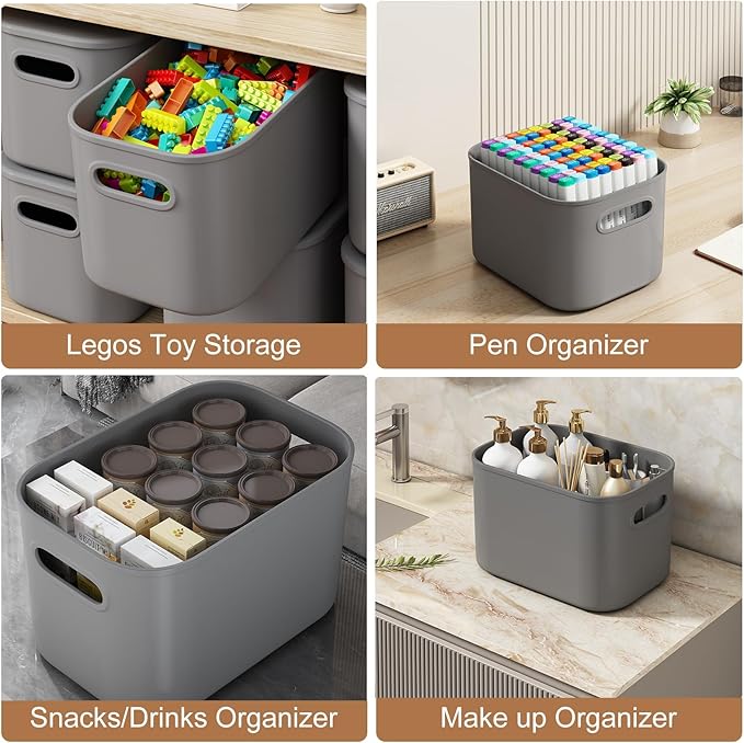 ORGIDOL 8 Pack Dark Grey Storage Bins with Lids Stackable Storage Container for Organizing, Storage Boxes with Handle for She
