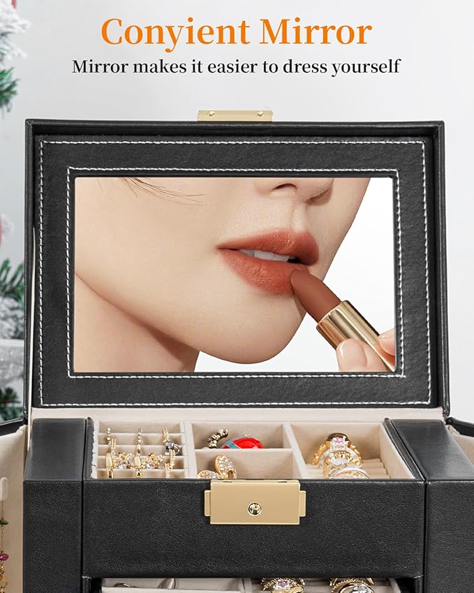 TORIBIO Large Jewelry Box for Women, Leather Jewelry Organizer with Mirror & Lock, 6-Tier Jewelry Storage Case for Girls/Wome