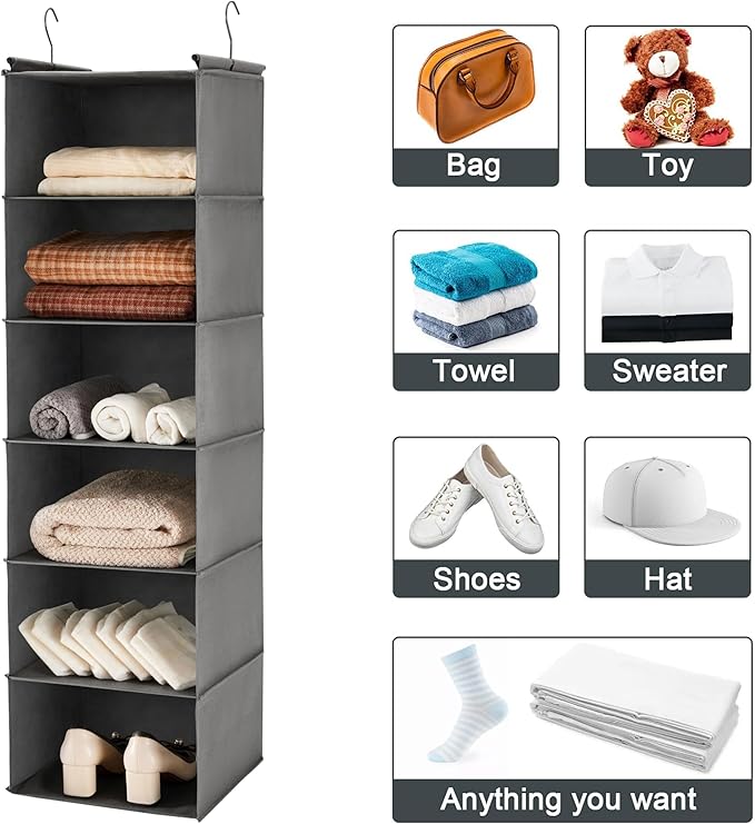 MAX Houser 6 Tier Shelf Hanging Closet Organizer, Closet Hanging Shelf with 2 Sturdy Hooks for Storage,2 Pack, Foldable (Grey