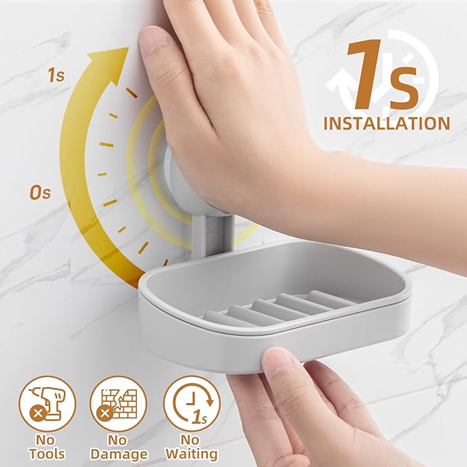 LEVERLOC Soap Dish Holder for Shower Suction Cup Wall Mounted Self Draining NO-Drilling Removable Bar Soap Sponge Holder for 