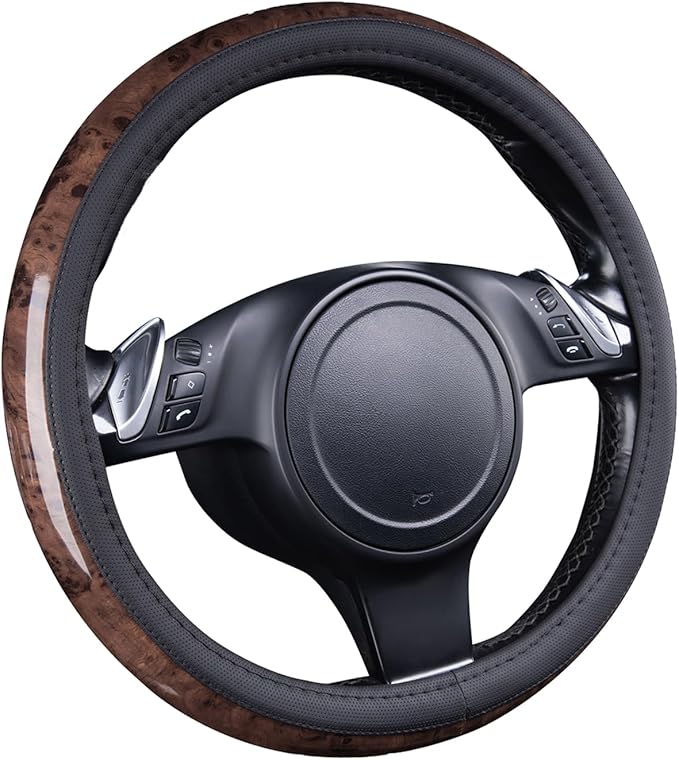 CAR PASS Wood Grain Microfiber Leather Steering Wheel Cover, Universal Fit for 14 1/2-15 inch Black Steering Wheel, Anti-Skip