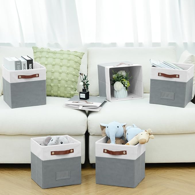 FinishingBo 6-Pack Storage Cubes with Handles & Label Holders Basket, Closet Cube Home Organizer Bins(White/Dark Grey, 10.5*1