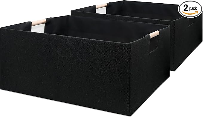 Foldable Fabric Storage Cubes, 2 Packs Cloth Storage Baskets with Wooden Handles, Collapsible Shelf Closet Organizer Bins, Re