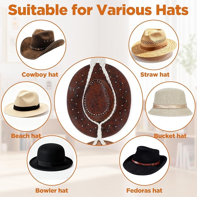 3 PCS Macrame Hat Hangers for Wall, Bohemian Hand Weaving Boho Hat Rack Organizer for Cowboy, Wide Brim, Bowler & Fedora Hats