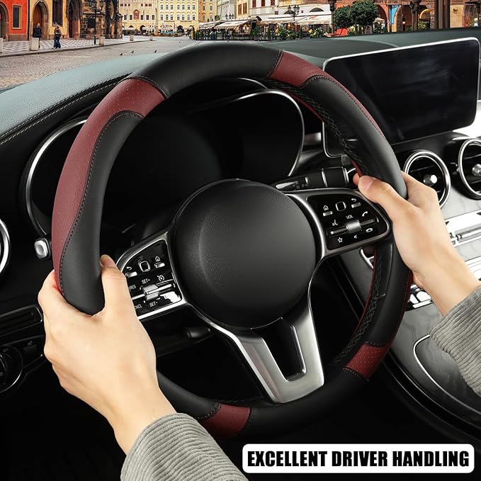 Microfiber Leather D Shaped Steering Wheel Cover, Breathable, Anti Slip, 13.5 inch to 14 inch, Black with Burgundy