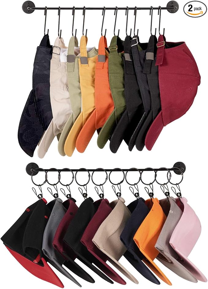 Livelab Hat Rack for Wall, Hat Organizer for Baseball Caps with 10 Hooks+10 Clips, 2 Pack Modern Metal Hat Storage Wall-Mount