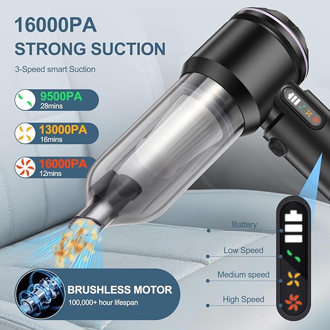 Portable Handheld car Vacuum Cleaner, 16000PA Vacuum Suction, Equipped with Two high-Efficiency Filters, Used for Cleaning ca