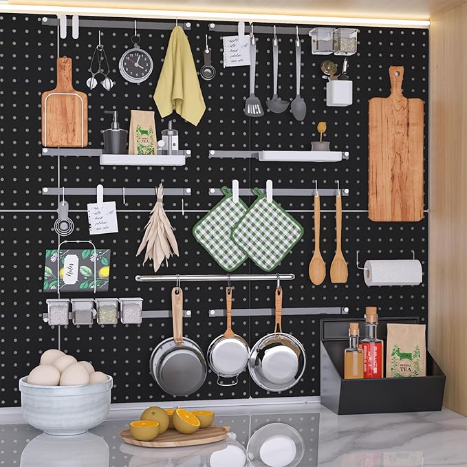 Pegboard, 4 PCS 16”×16” Large Heavy Duty Metal Pegboard Panels with Frame Black Peg Board Display Peg Boards for Walls, Displ