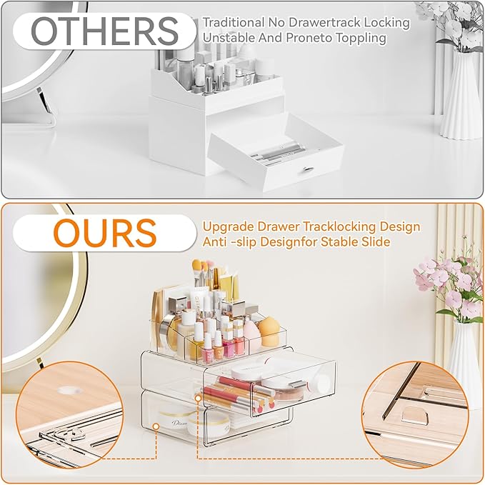 Yieach 3 Tier Clear Acrylic Makeup Organizers with Drawers,Tiered Countertop Make up Storage Organizer for Dresser Top and Ba