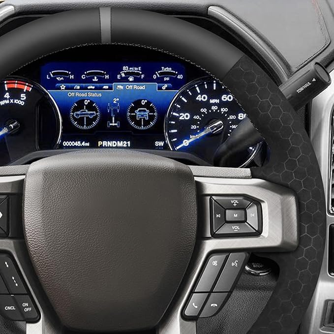 MEWANT Hand Stitch Real Leather Hive Embossed Athsuede Steering Wheel Cover for Ford F150 F250 F350 Expedition 2018-2021