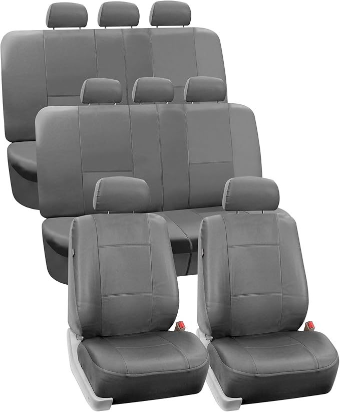 FH Group Seat Covers, PU Leather 3 Row w. 7 Headrests - Fit Most Car, Truck, SUV, Van (Solid Gray-128), Universal Fit
