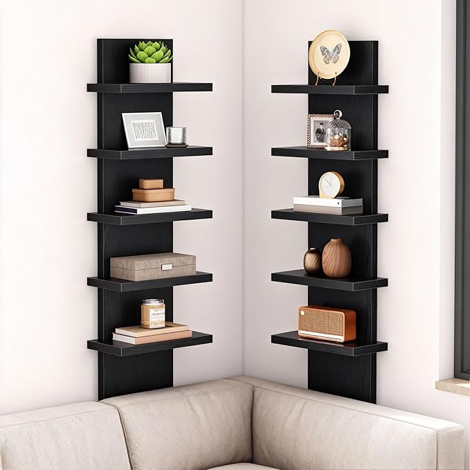 HOOBRO 5 Tier Wall Shelf Unit, 2 Pack Floating Shelves Wall Mounted, Wall Mount Vertical Shelving, Floating Storage Rack, Org