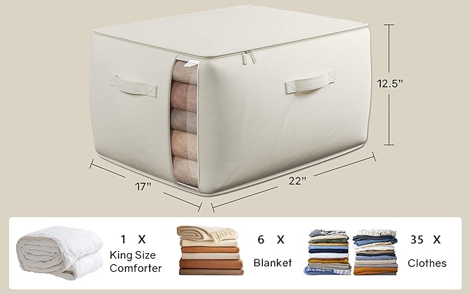 Large Canvas Clothes Storage Bags with Thick Handles and Clear Window, Foldable Cotton Linen Closet Organizer for Clothing, B