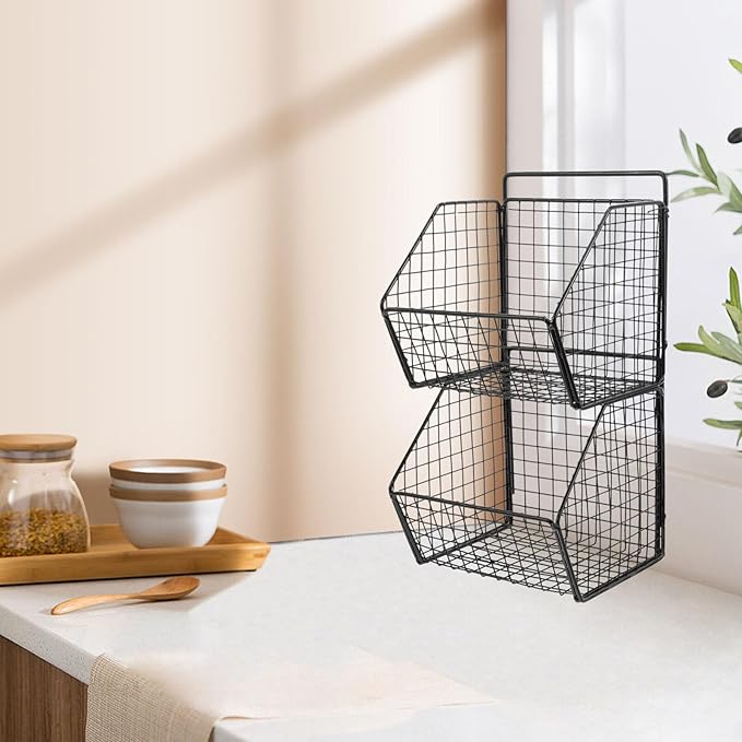 Zerodeko Kitchen Fruit Basket 2 Tier Wall Storage Basket Wall Mounted Onion and Potato Storage Hanging Metal Wire Baskets Kit