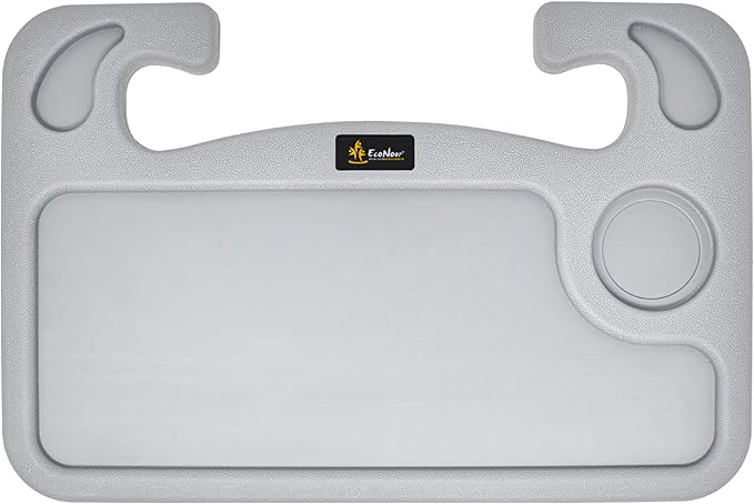 EcoNour 2 in 1 Car Steering Wheel Desk | Steering Wheel Tray for Laptop Car Mount with Pen Holder | Car Food Grey Tray for Eating with Drinks Holder | Multipurpose Travel Car Accessories