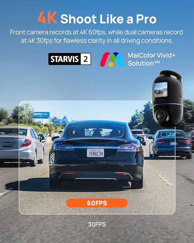 70mai Dual Dash Cam Front and Rear 4K, Car Camera for Cars with Sony IMX678, STARVIS 2 Night Vision, 4G LTE, AI Motion Detect