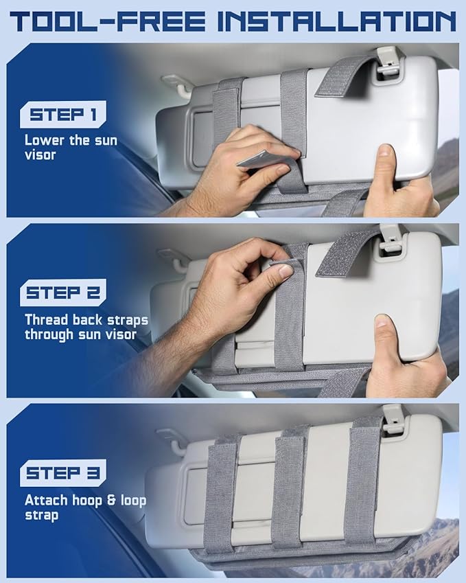 Molle Car Sun Visor Organizer with Zipper Storage Pouch & Glasses Clip, Auto Semi-Rigid MOLLE Panel for Police Gear & Overlanding Accessories, Fit Most Cars, SUVs, Vans & Trucks