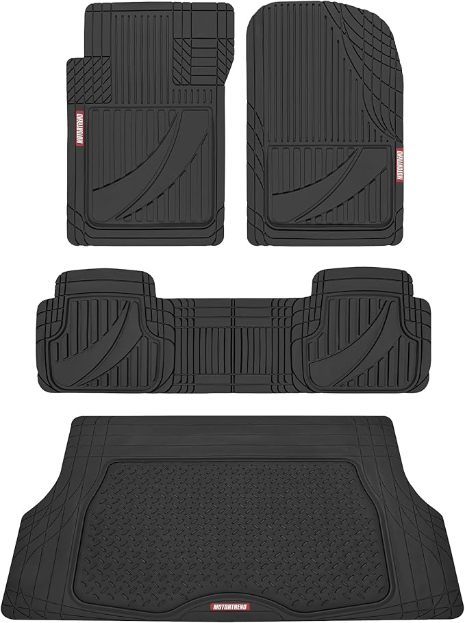 Motor Trend FlexTough™ Heavy Duty Black Rubber Car Floor Mats All Weather & Cargo Liner for SUV Full Set - Universal Trim to Fit Automotive Floor Mat & Trunk Mats for Cars Interior Accessories