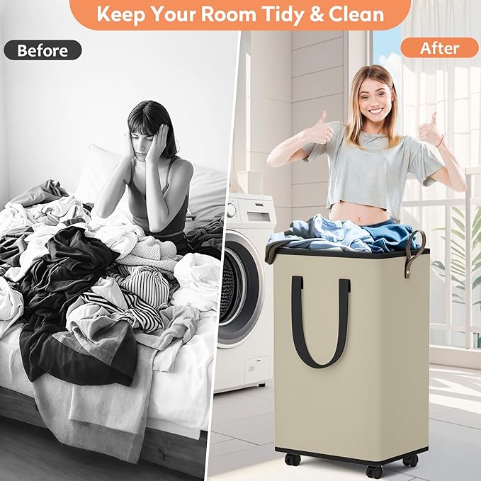SpaceTrove Laundry Basket with Wheels, Collapsible Laundry Baskets, Laundry Hamper with Handles Detachable Wheels, Rolling La