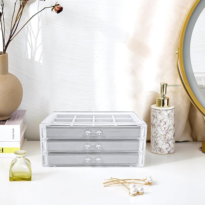 ProCase Earring Holder Organizer Jewelry Box with 3 Drawers, Acrylic Clear Earring Case with Adjustable Velvet Trays for Wome