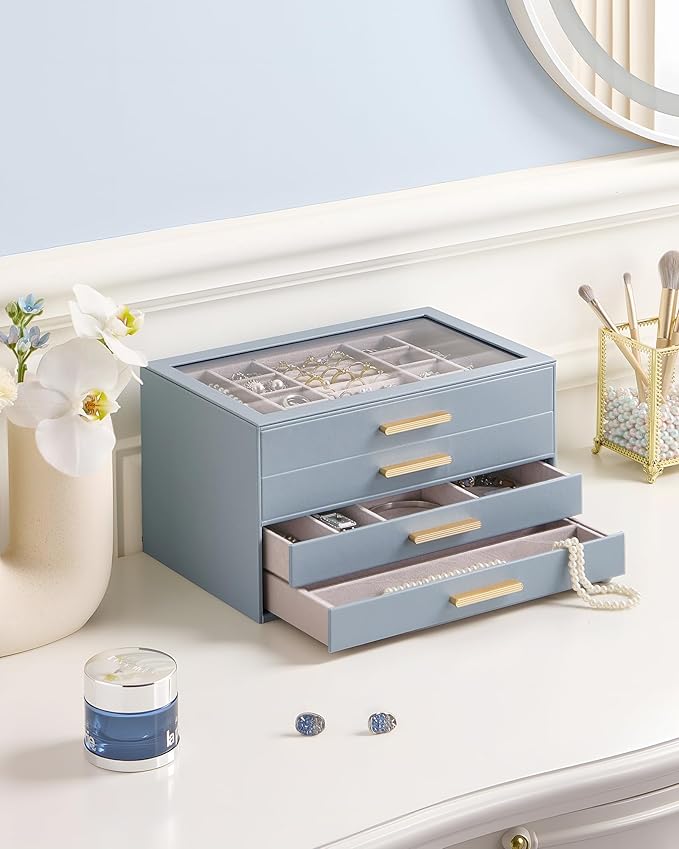 Lolalet Jewelry Box Organizer, 4-Layer Jewelry Organizers and Storage Case with Glass Lid, Ring Earring Bracelet Necklace Hol