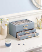 Lolalet Jewelry Box Organizer, 4-Layer Jewelry Organizers and Storage Case with Glass Lid, Ring Earring Bracelet Necklace Hol