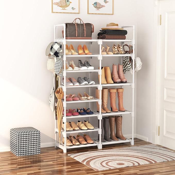 ROJASOP White Shoe Rack, Tall Metal Shoe Rack Organizer for Entryway Closet Garage, 8 Tier Large Shoe Shelf for 26-32 Pairs B