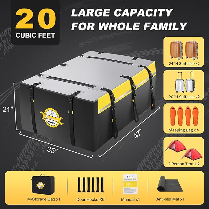 Sailnovo Rooftop Cargo Carrier 20 Cubic, Waterproof Car Roof Bag Soft-Shell Carriers Top Luggage Storage with Slip Mat, 6 Door Hooks & Heavy-Duty PVC for All Vehicle Roof with/Without Rack Cross Bar